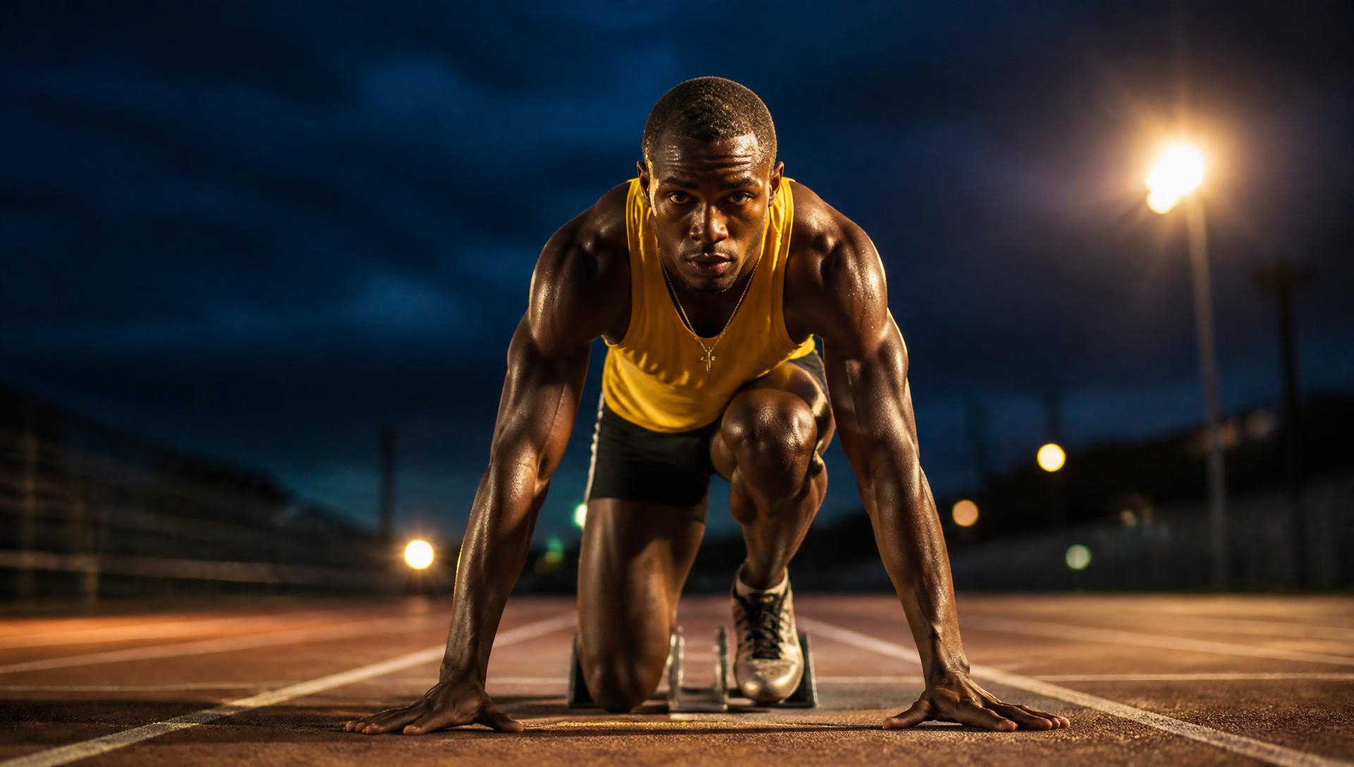 Sprinter set in the starting blocks on a floodlit track at dusk