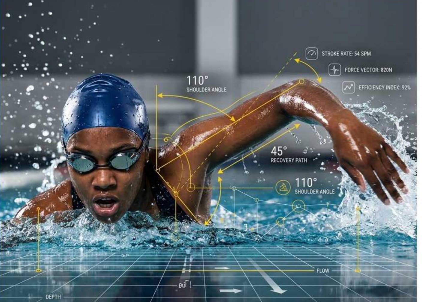 Swimmer mid-stroke with gold overlays marking shoulder angle, recovery path and stroke rate