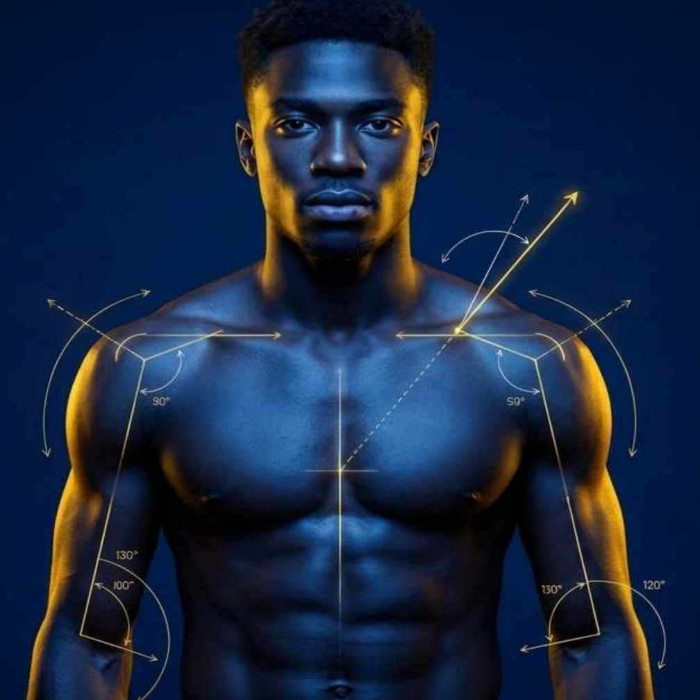 Athlete photographed against deep navy with gold joint-angle markers across shoulders and arms